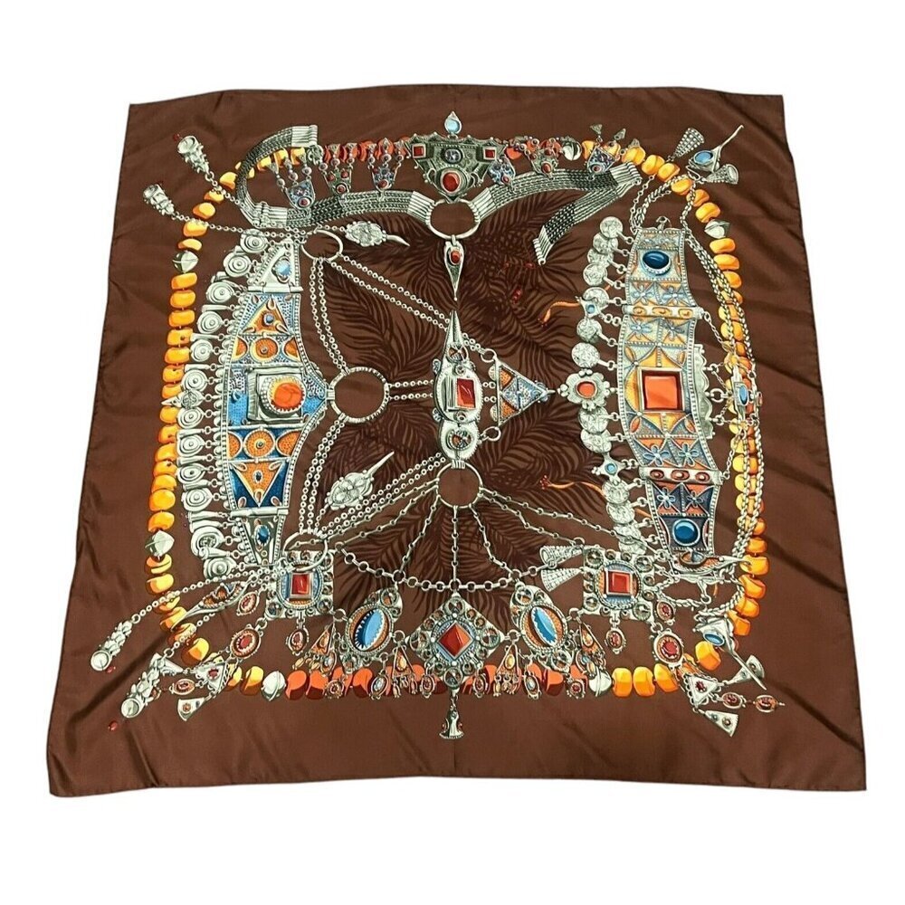 Hermès Carré 90 Terres Precieuses Silk Scarf Brown Hand Rolled France - Picture 1 of 15
